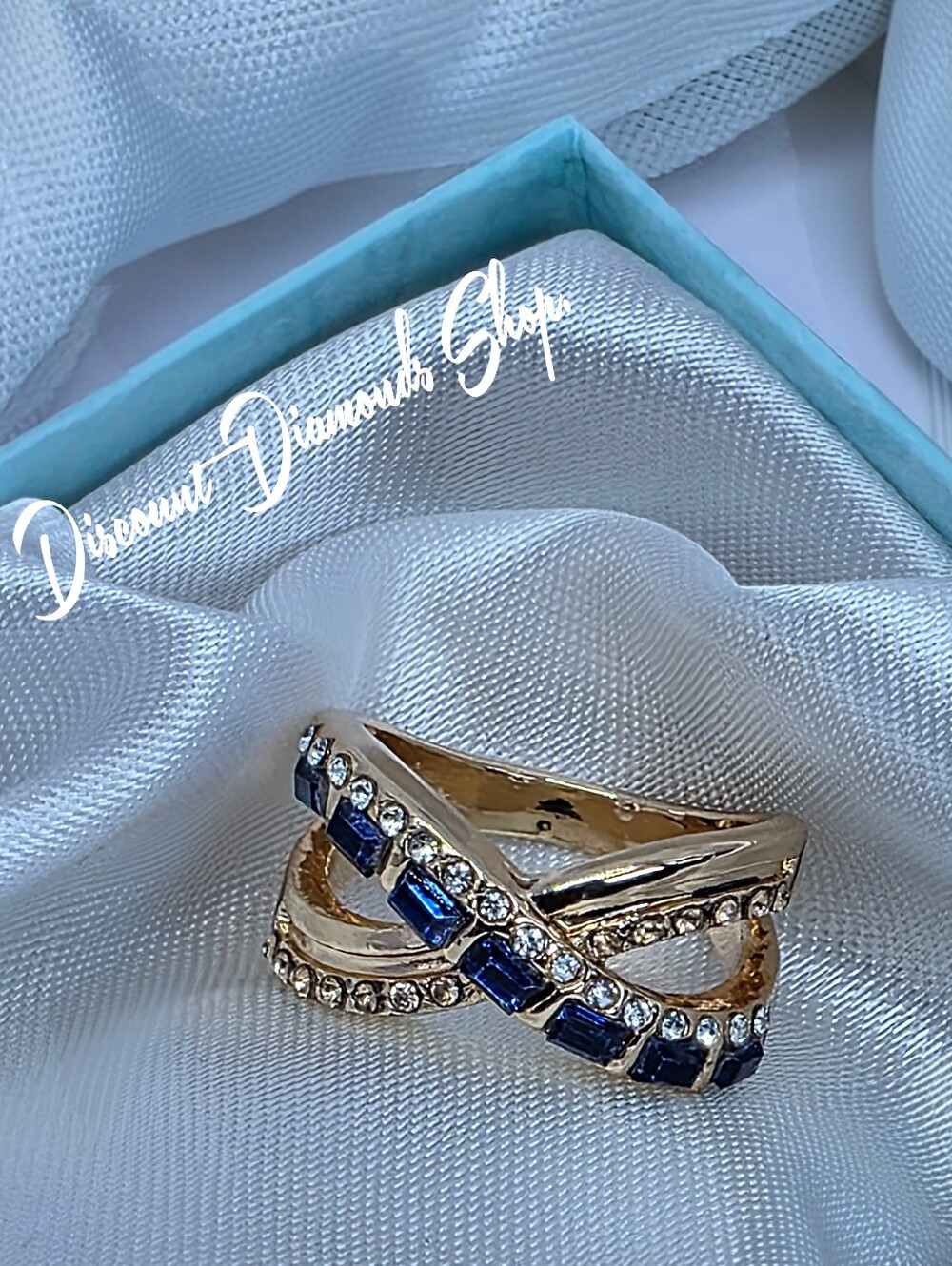 Blue & Clear White Sapphire Cocktail Ring on 18K Gold over 925 Sterling Silver